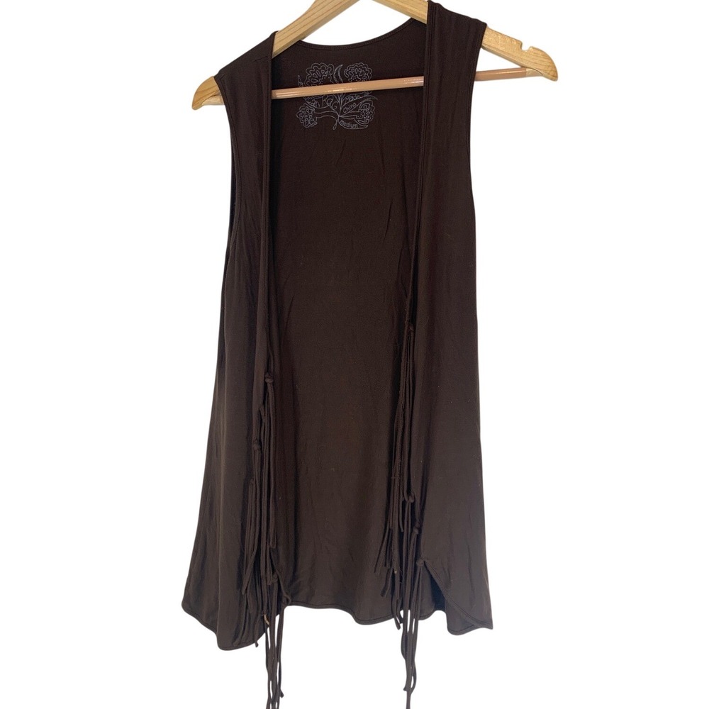 American Rag Fringe Open Front Vest Medium Brown Boho Western Hippie Women